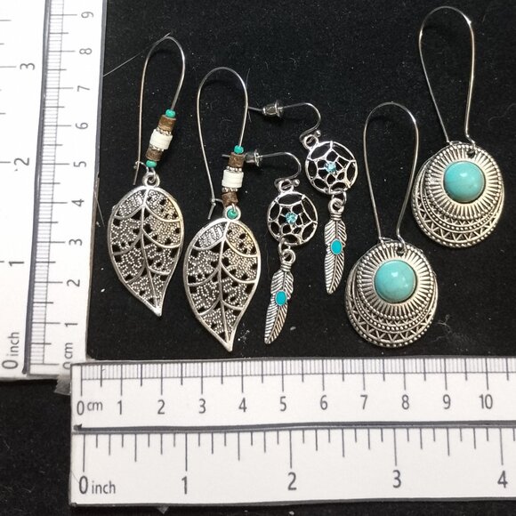 SALE!! 3 Pair BOHO ETHNIC EARRINGS, Silvery, Faux Turq BLUE BUNNY'S BOHO BAUBLES - Picture 8 of 11
